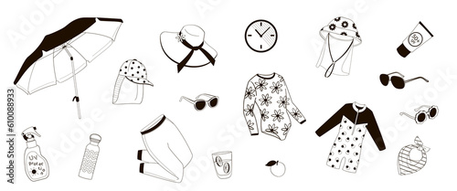 set elements about protective measures against the solar radiation and UV ultraviolet on the beach and during water sport for adults and kids, black and white linear illustration