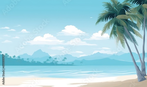  a painting of a beach with palm trees and mountains in the background with a blue sky and white clouds in the foreground, and a blue sky with white clouds in the foreground. generative ai