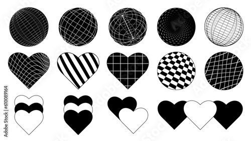 Set of abstract aesthetic y2k geometric elements and 3D wireframe shapes. Black and white retro line design elements. Vector illustration for social networks or posters. EPS 10