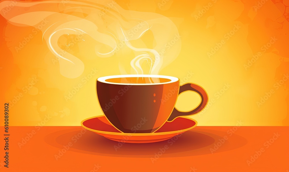 Obraz premium a cup of coffee with steam rising out of it on a saucer on an orange background with a swirly smoke trail behind it. generative ai