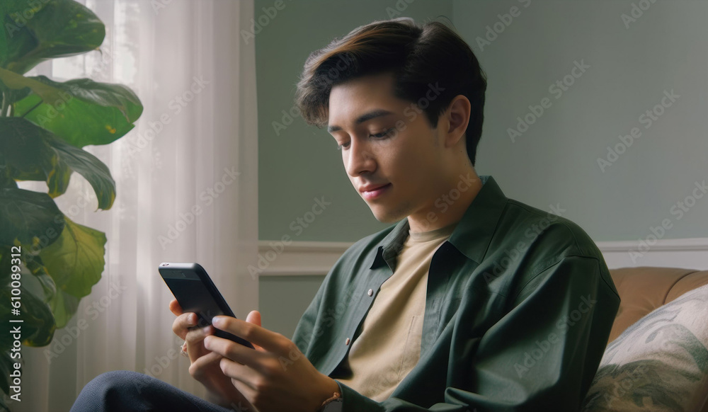 young man with smartphone in his hands at home generative ai young man with smartphone in his hands at home generative ai