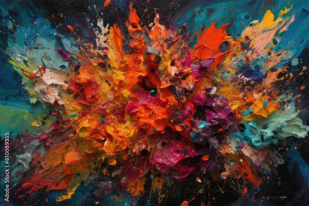 Abstract paint smears in vibrant colors resembling a colorful explosion on a canvas, generative ai