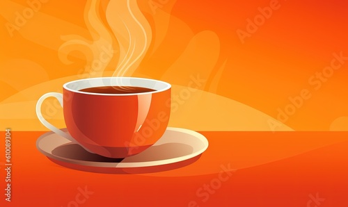  a cup of coffee on a saucer with steam rising out of the top of the cup on a saucer on an orange background.  generative ai