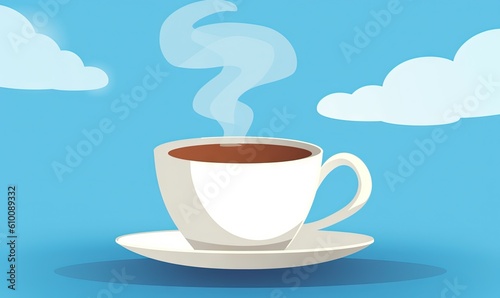  a cup of coffee with steam rising out of the top of it on a saucer against a blue sky with white clouds and blue sky. generative ai
