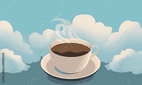  a cup of coffee sitting on top of a saucer on a saucer with steam coming out of it and clouds in the background. generative ai