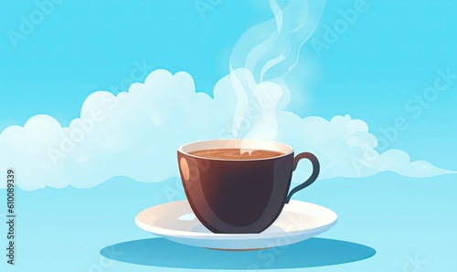  a cup of coffee with steam rising out of it on a saucer on a blue background with clouds in the sky behind it,. generative ai
