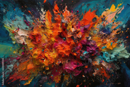 Abstract paint smears in vibrant colors resembling a colorful explosion on a canvas, generative ai © aicandy