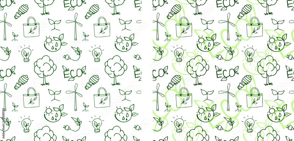 Drawn seamless vector pattern. Ecology. Eco. Let's save the planet. Garbage problem. Alternative fuel source. Green Planet. Eco problems. Planet Earth.