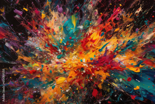 Abstract splattered paint design with bold and vibrant colors, reminiscent of a chaotic but beautiful explosion, generative ai