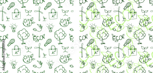 Drawn seamless vector pattern. Ecology. Eco. Let's save the planet. Garbage problem. Alternative fuel source. Green Planet. Eco problems. Planet Earth.
