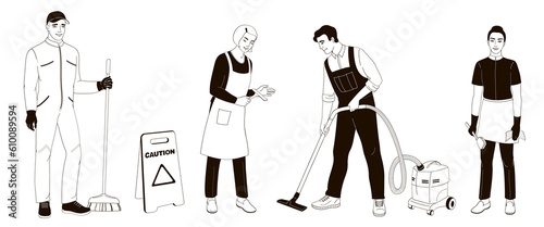 Cleaning service staff smiling characters on white background. House cleaners dressed in uniform   outline black and white vector illustration