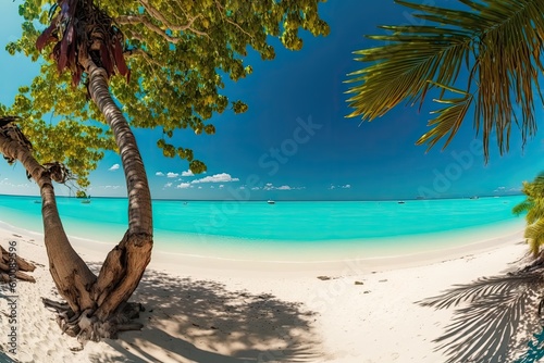 On a sunny day, there is a beautiful beach with white sand, a turquoise water, green palm trees, and a blue sky with clouds. Panorama of a summertime tropical setting. Generative AI © 2rogan