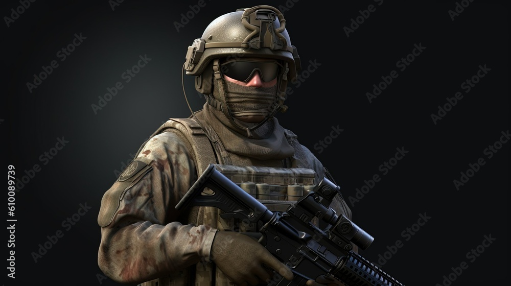 Modern soldier in war zone created with Generative AI technology. Modern soldier in war zone created with Generative AI technology.