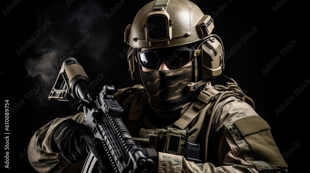 Fototapeta premium Modern soldier in war zone created with Generative AI technology.