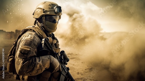 Modern soldier in war zone created with Generative AI technology.