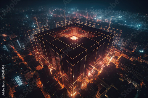 Aerial view of a massive futuristic grid structure towering over a city skyline at night, generative ai