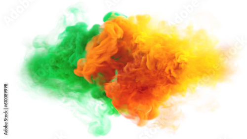 Green and Orange colores smoke texture on a white background. Irish colors. 3D render abstract art for Saint Patricks Day or other fan party
