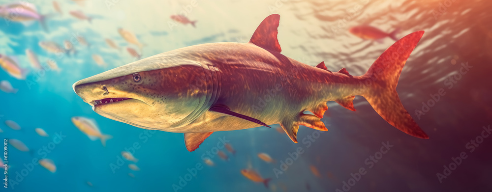 Naklejka premium Gold shark swimming with baby fish, orange and azure, aquamarine, varying perspectives. Generative Ai.