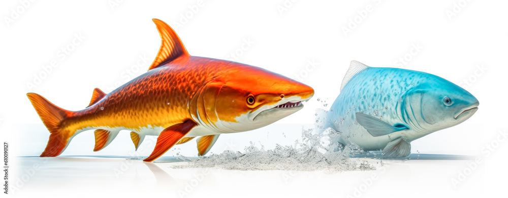 Gold shark swimming with baby fish, orange and azure, aquamarine, varying perspectives. Generative Ai. Gold shark swimming with baby fish, orange and azure, aquamarine, varying perspectives. Generative Ai.