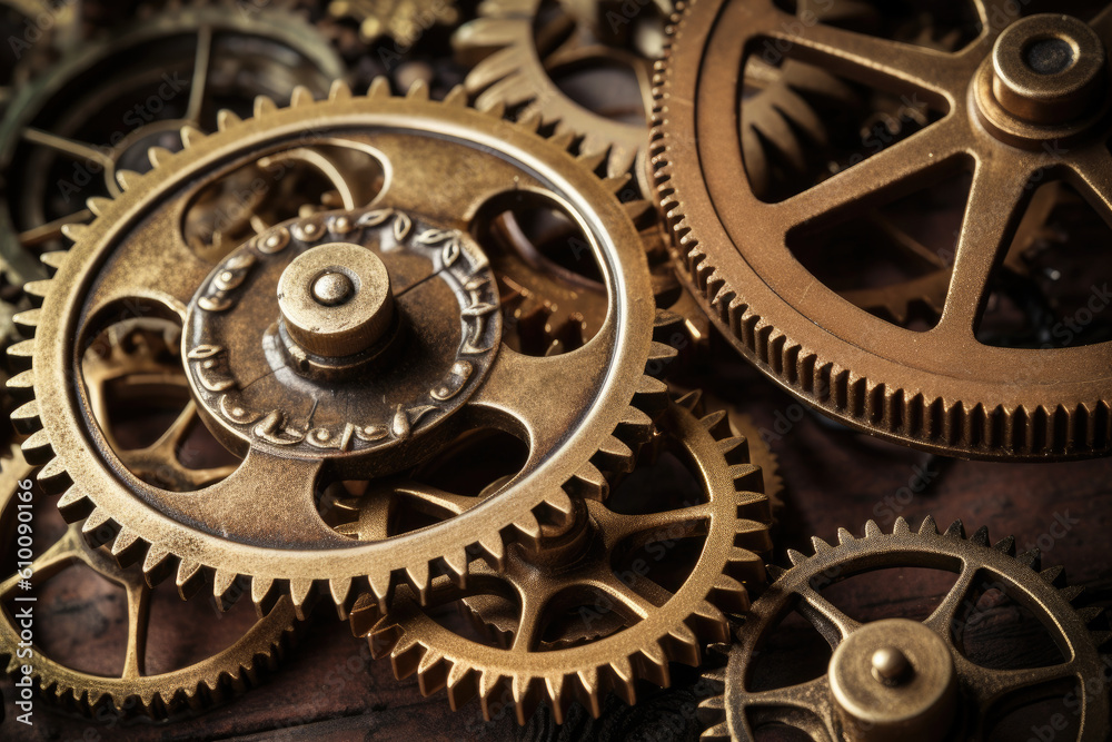 Antique gold gears interlocked with intricate clockwork against a rustic bronze background, generative ai Antique gold gears interlocked with intricate clockwork against a rustic bronze background, generative ai