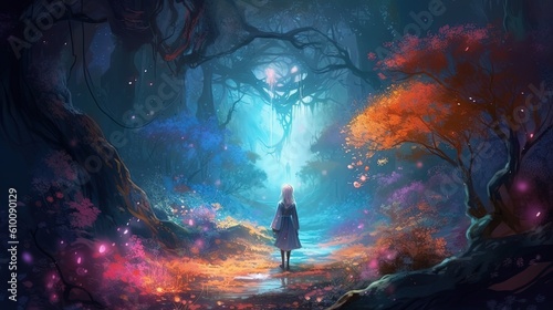 art illustration, woman elf sorcerer walking in fairy forest with magic power emerge around, Generative Ai