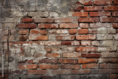 Aged and worn brick wall with a mix of faded red and gray tones, creating a textured and industrial wallpaper, generative ai