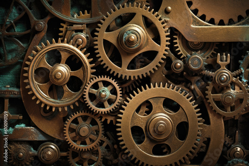 Antique gold gears interlocked with intricate clockwork against a rustic bronze background, generative ai