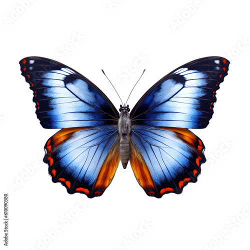 Butterfly isolated on transparent white background, beautiful colorful blue butterfly flying on white background, top view, flat lay, view from above. generative ai