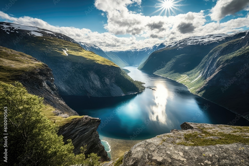 The Ringedalsvatnet lake and Trolltunga, the famed Trolls tongue location in Norways Odda, Roldal, are seen in the summer light. Generative AI