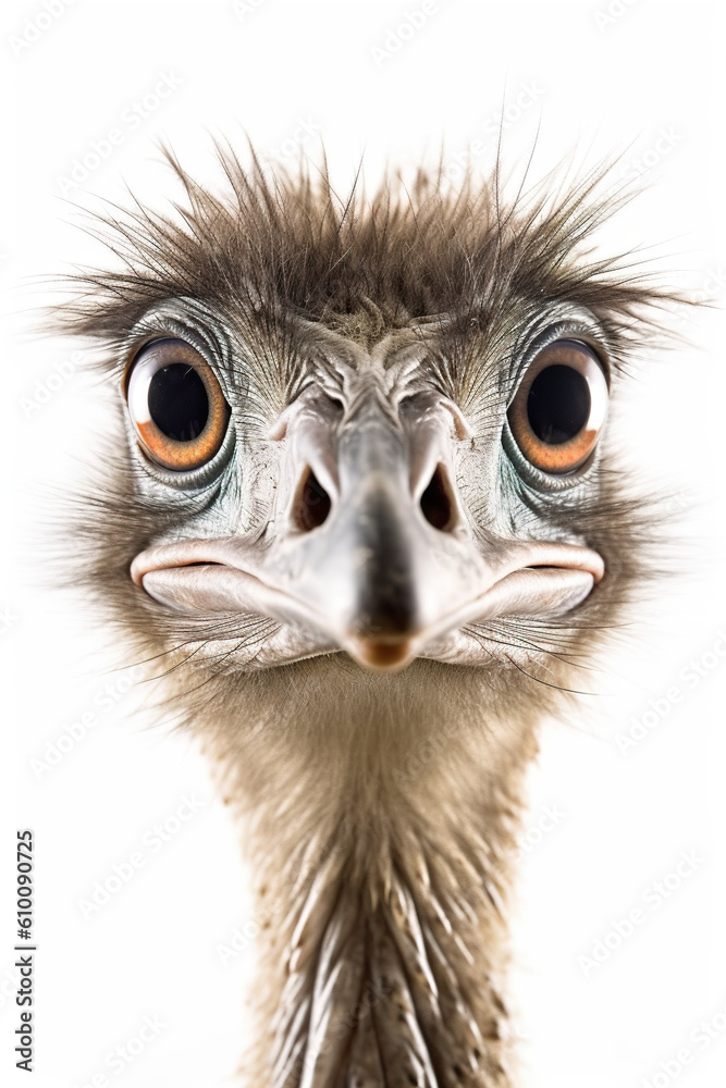 An ostrich looking at the camera with a white background. Generative AI.