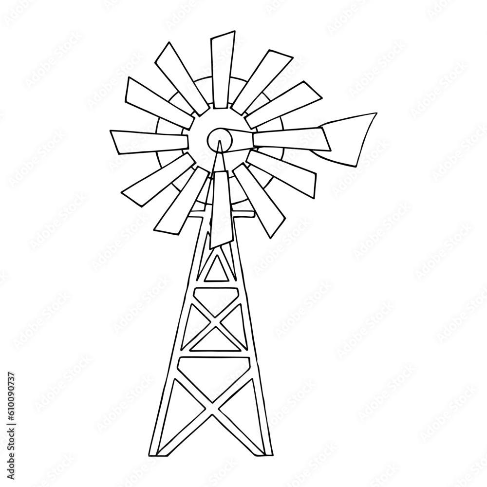 Wind pump in doodle style. Coloring book for children. Freehand drawing