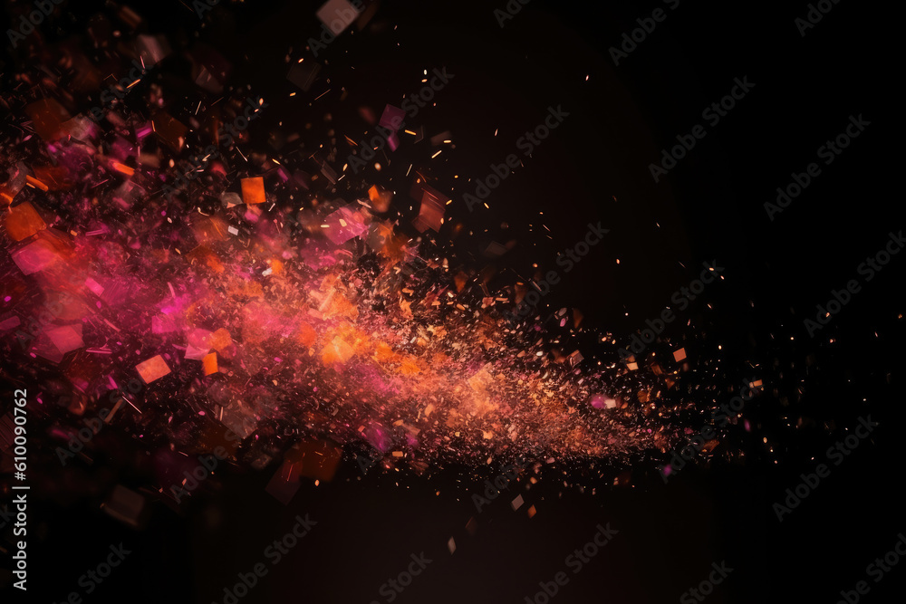beautiful blend of sparkling pink and orange particles floating gently in a dark background, generative ai