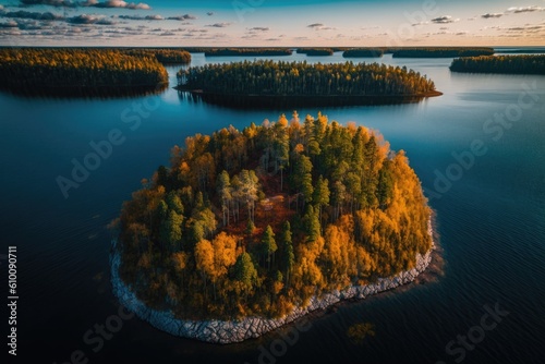 In Heinola, Finland, autumn foliage colors the trees, lake, and islands. Generative AI