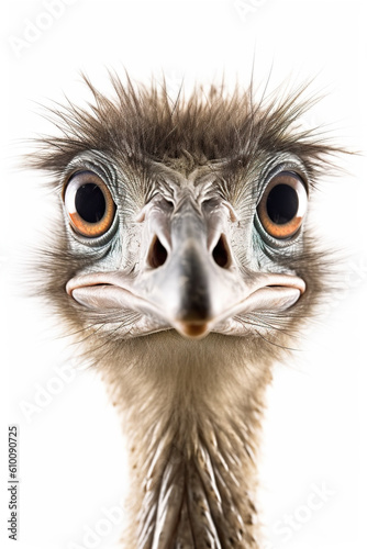 An ostrich looking at the camera with a white background. Generative AI.
