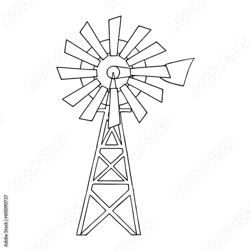 Wind pump in doodle style. Coloring book for children. Freehand drawing. Doodle. Hand Drawn. Outline.