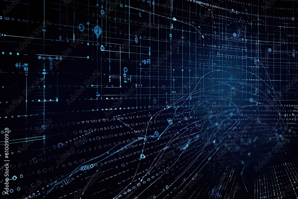 Binary code background with lines and curves in white and blue colors, generative ai Binary code background with lines and curves in white and blue colors, generative ai