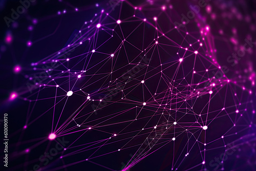 Binary code mesh network with geometric shapes in purple and pink, generative ai