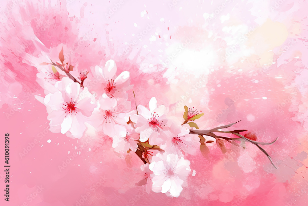 Close Up of Cherry Blossoms Branch Japanese Pink Sakura Watercolor Painting Over Blurred Background. AI generative. Spring Flower Seasonal Nature Background. Close Up of Cherry Blossoms Branch Japanese Pink Sakura Watercolor Painting Over Blurred Background. AI generative. Spring Flower Seasonal Nature Background.