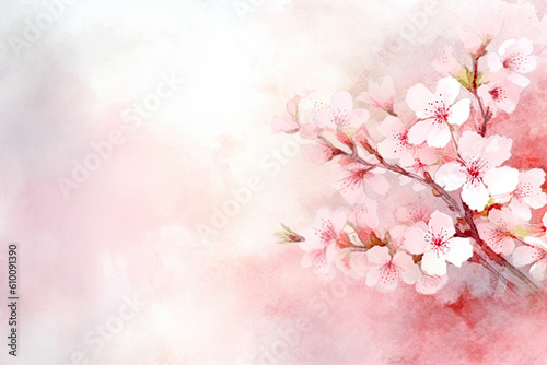 Cherry Blossoms Branch Japanese Pink Sakura Watercolor Painting Over Blurred Background. AI generative. Spring Flower Seasonal Nature Background with Copy Space.