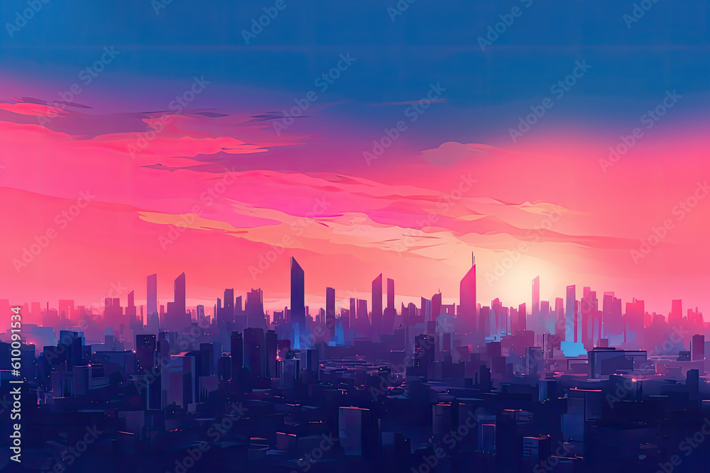 Blue and Pink Sunset Gradient over City Skyline, generative ai