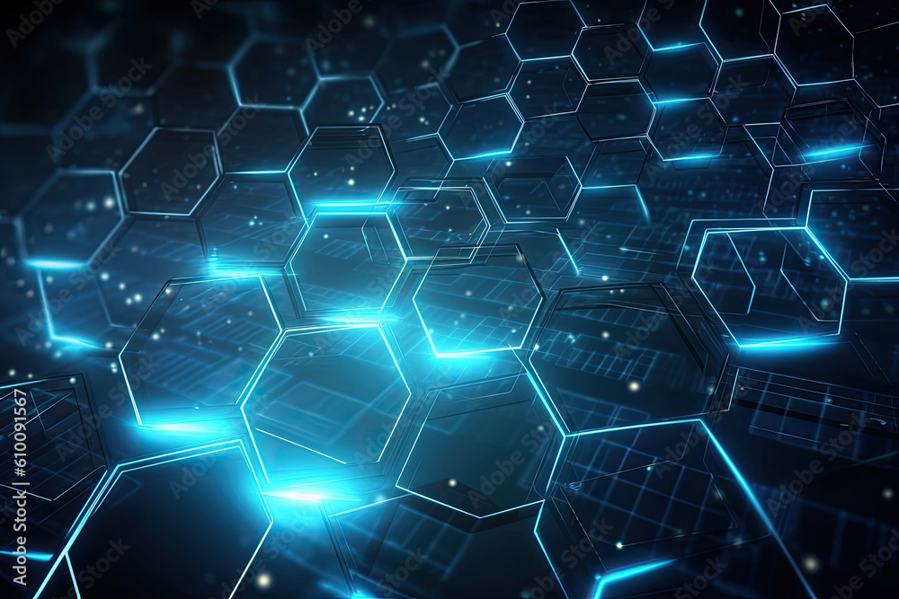 Blue and white futuristic techno grid with hexagonal shapes and light effects, generative ai Blue and white futuristic techno grid with hexagonal shapes and light effects, generative ai