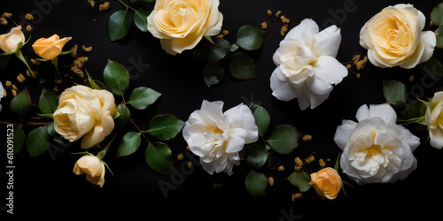 Top view of  flowers lying on a black background surface. Copy space for text. Creative gothic luxury banner template. Bouquet of flowers. Generative AI professional photo imitation.