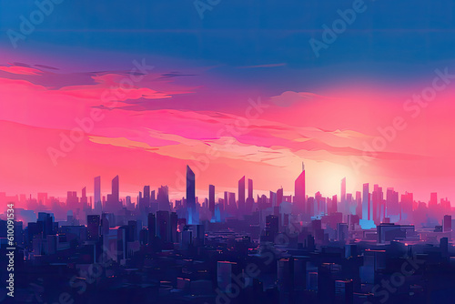 Blue and Pink Sunset Gradient over City Skyline  generative ai