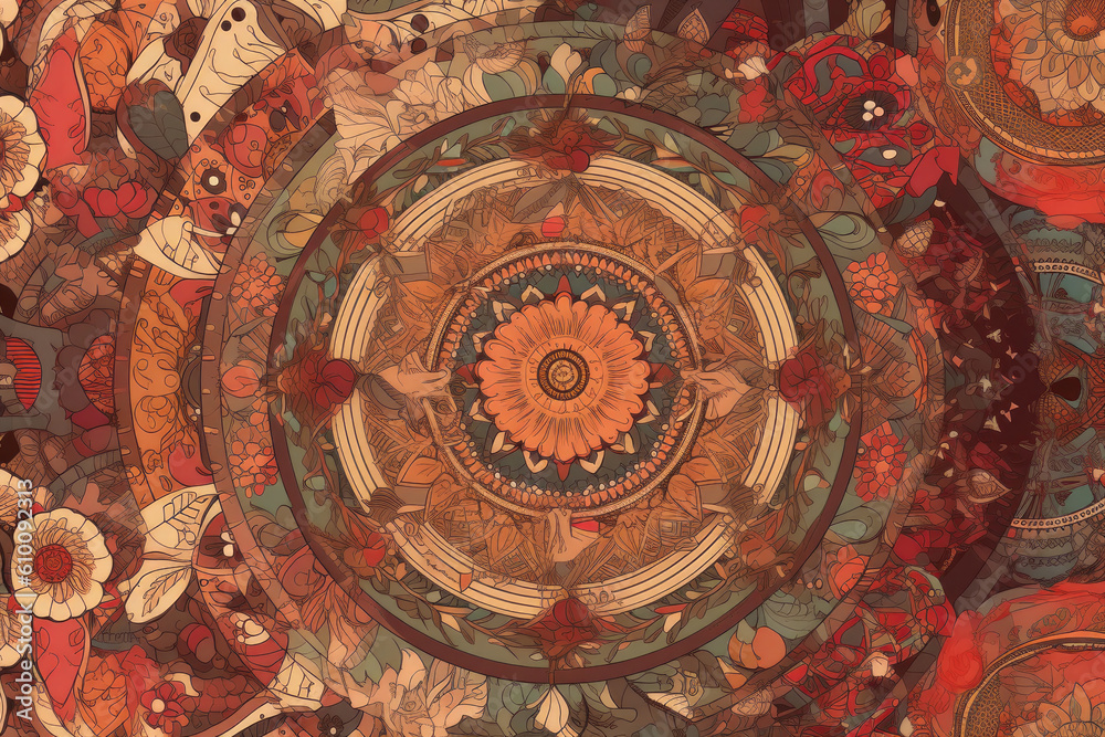 Bohemian-inspired mandala with intricate geometric patterns and warm hues, generative ai