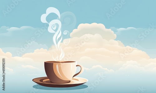  a cup of coffee with steam rising out of it on a saucer in front of a blue sky with white clouds and a blue sky. generative ai