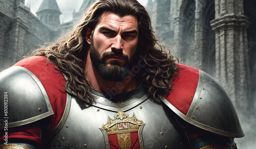 A sick and pumped-up brutal knight with a beard. Generative AI.