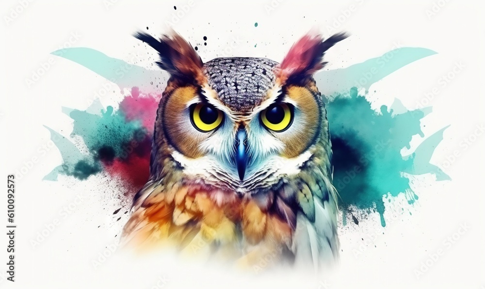  an owl with yellow eyes and feathers on a white background with a splash of paint on it's face and a splash of watercolor paint on its wings.  generative ai