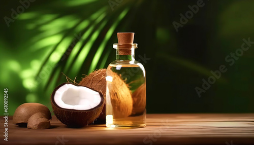 Organic coconut oil product in transparent bottle with coconut and green palm leaf background. Generative IA