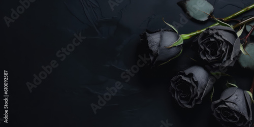 Fototapeta Naklejka Na Ścianę i Meble -  Top view of black roses lying on a black background surface. Copy space for text. Creative gothic luxury banner mockup. Bouquet of black roses. Generative AI professional photo imitation.