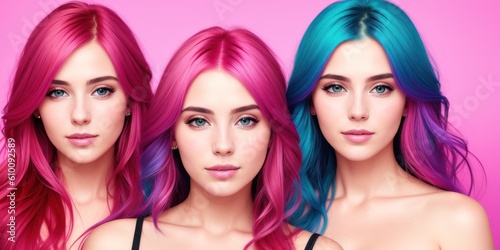 Three Beauty Fashion Model Girls with Colorful Dyed Hair. Girl with perfect Makeup and Hairstyle. Model with perfect Healthy Dyed Hair. Rainbow Hairstyles. Glamour and skincare concept. Generative AI